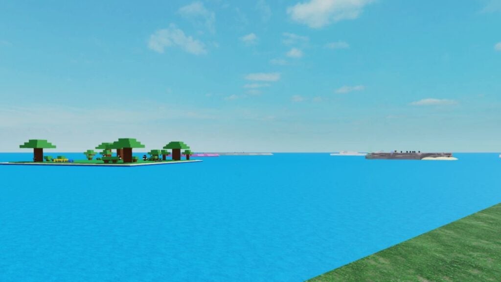 Feature image for out Roblox Rock fruit tier list. It shows an in-game screen with a seascape and islands.