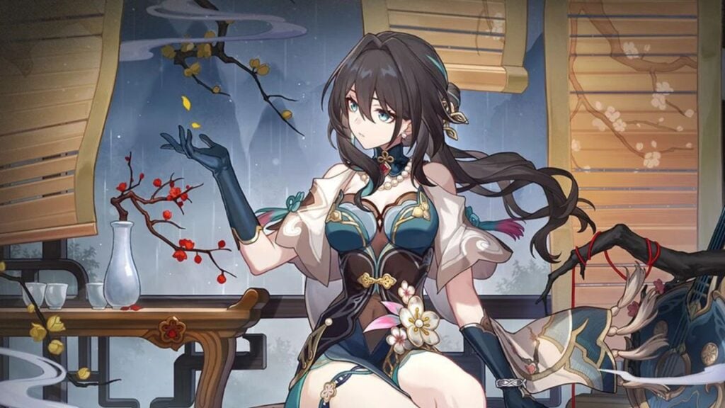 Feature image for our Honkai Star Ruan Mei tier list. It shows promotional art of Ruan Mei, a dark haired woman sat at a desk with a vase of blossom and cups of tea.