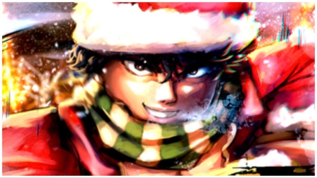 the image shows a painted roblox style icon of a dark haired man wearing full santa kit (hat, coat) and a striped green and white scarf. He has a smile on his face