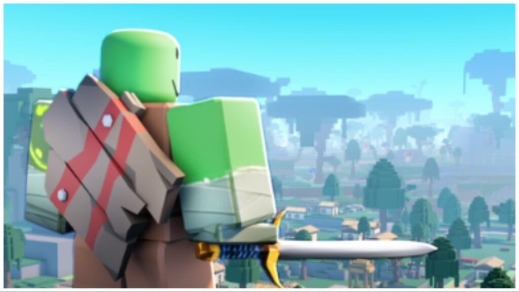 the image shows a green noob looking over the land with a shield on his back and a sword in hand. It is sunny and he is smiling