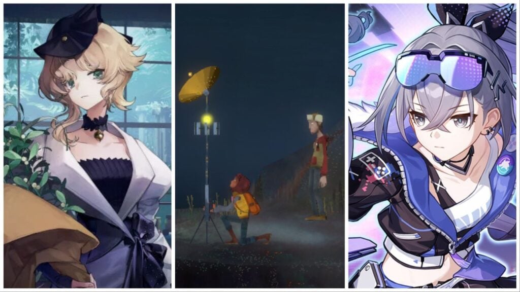 feature image for our the best android games of 2023 feature, the image features a photo of the character druvis from reverse 1999 as she holds a bouquet of flowers, a screenshot from oxenfree 2 of the two main characters riley and jacob as riley crouches down and sorts out a piece of quipment, there is also a photo of silver wolf from honkai star rail