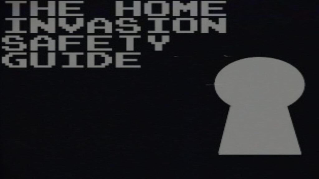 Feature image for our The Intruder guide. It shows an in-game image of a presentation, with a keyhole and text reading 'The Home Invasion Safety Guide'
