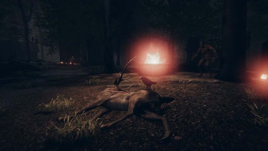 Feature image for our news piece on The Mystery Of Eigengrau. It shows an in-game screen of a humanoid creature crouched over the dead body of a deer in a dark clearing.
