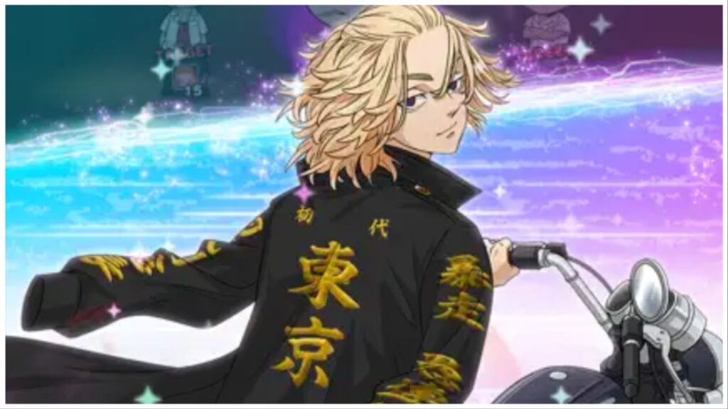 Feature image for our Tokyo Revengers PUZZ REVE codes guide. The image shows a man with shoulder length blonde hair sitting on a motorbike and looking back at the viewer. He has a black leather jacket on with Japanese lettering in gold.