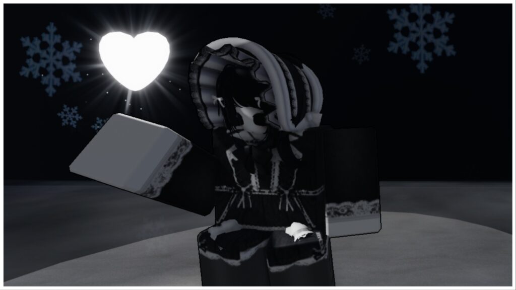 the image shows my avatar who is wearing a black and white maid outfit in the mega blocky roblox style holding a floating white heart assumed to be her soul. The background is dingy and black and faint but large snowflakes can be seen falling in the background