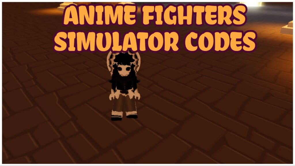 the image shows my avatar stood in a brown room. She is wearing a maid outfit and has pale white skin. Text above her head says ANIME FIGHTERS SIMULATOR CODES in bold orange text