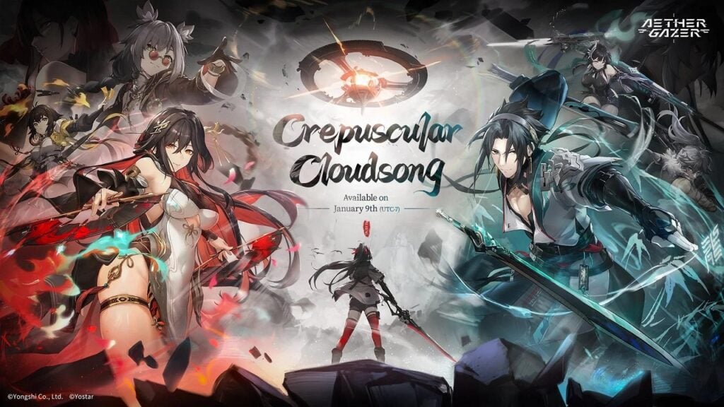 Featured Image for our news on Aether Gazer v2.0. It features the poster for the update and the logo of the event titled Crepuscular Cloudsong.