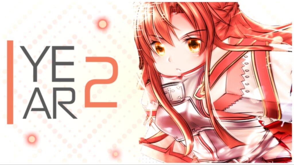 the image shows asuna from sao in the roblox style leaning towards the viewer with a determined expression. On the left of the illustration it says YEAR 2