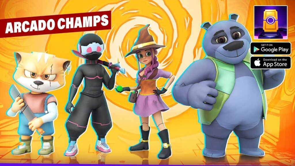Featured Image for our news on Arcado Champs Slot Strategy. It features four characters from the game who are the bear, the witch, the ninja and the cat.