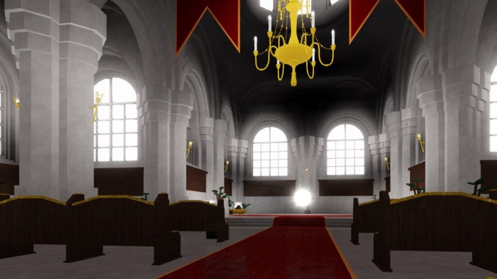 A church scene from the Roblox game Arcane Lineage. White columns and pews line the room, and a golden chandelier hangs from the ceiling. Up some stairs at the head of the church, a glowing orb waits.
