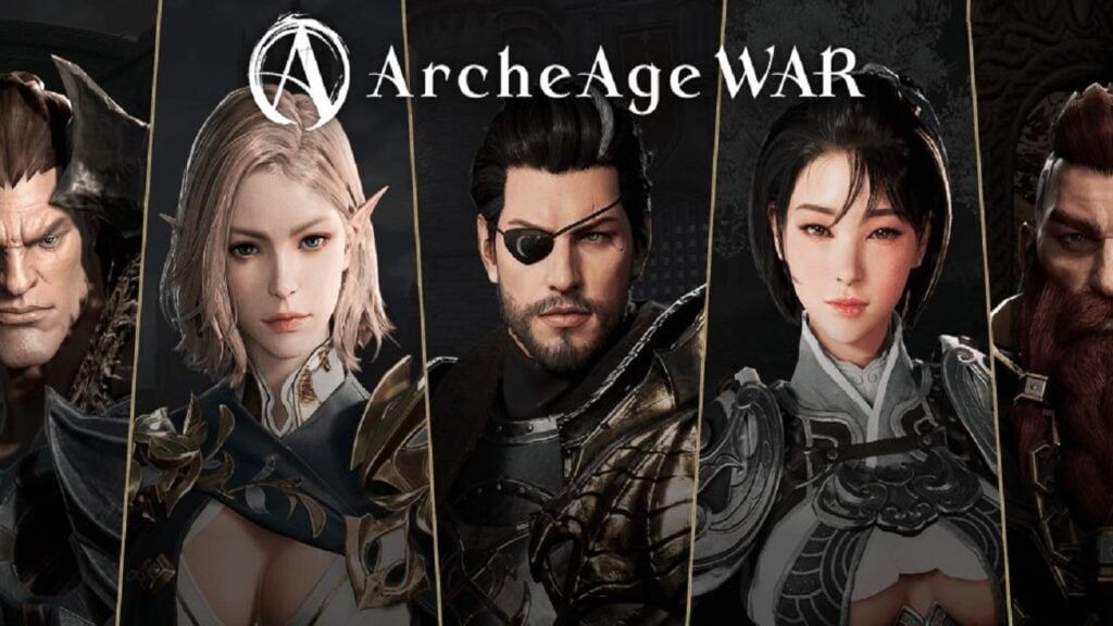 Featured Image for our news on ArcheAge: War. It features close-up shots of five characters of the game on a black background.