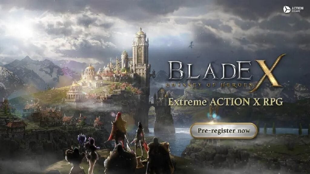 Featured Image four our news on Blade X: Odyssey of Heroes. It features a blurry castle in the background and a bunch of characters of the game looking at the castle far away.