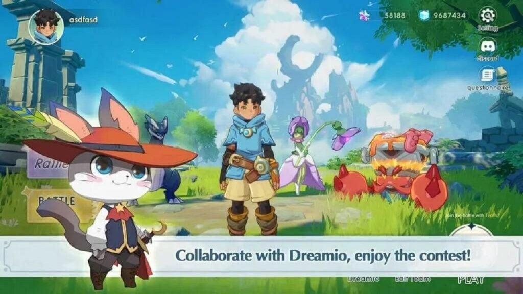 Featured image for our news on Dreamster World. It features a cat-like Dreamio wearing a hat and the main character (hunter) standing in the background. The scenery is nice with a blue sky, white clouds, green grass and vibrant flowers.