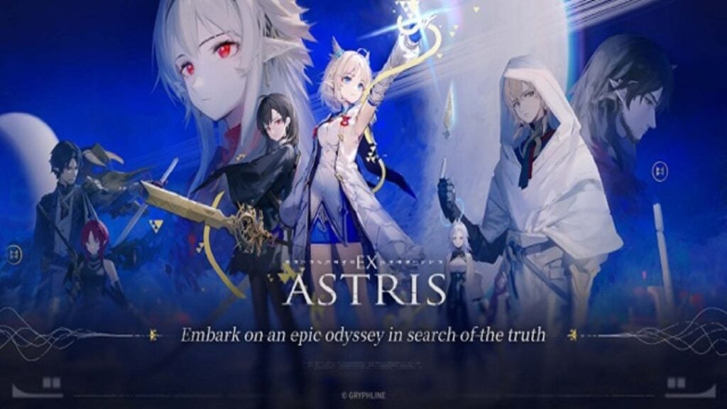Featured Image for our news on pre-register for Ex Astris. It features the four main characters from the game in a blue background.