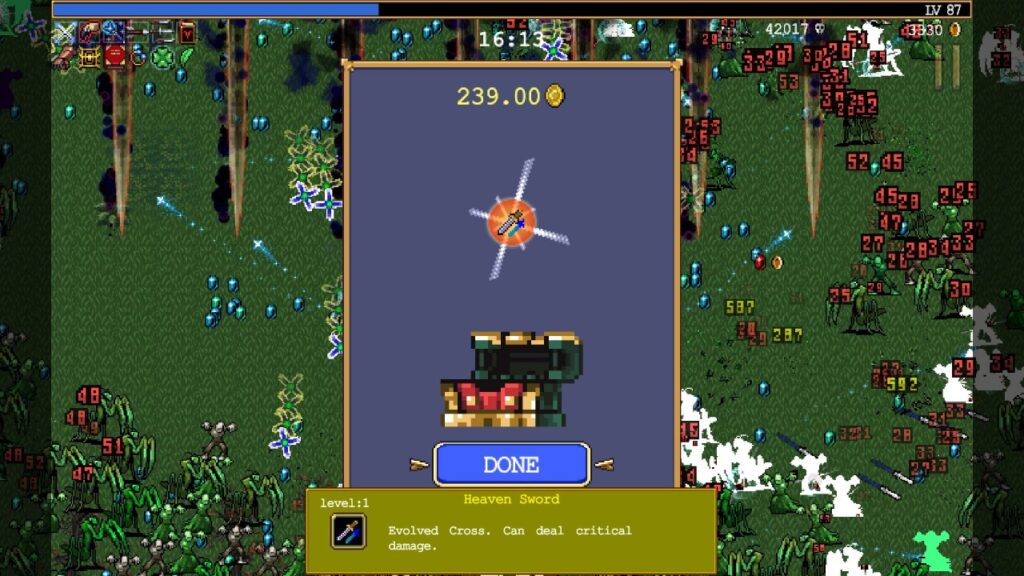 A screenshot from Vampire Survivors showing the player receiving the Heaven Sword in a chest. 
