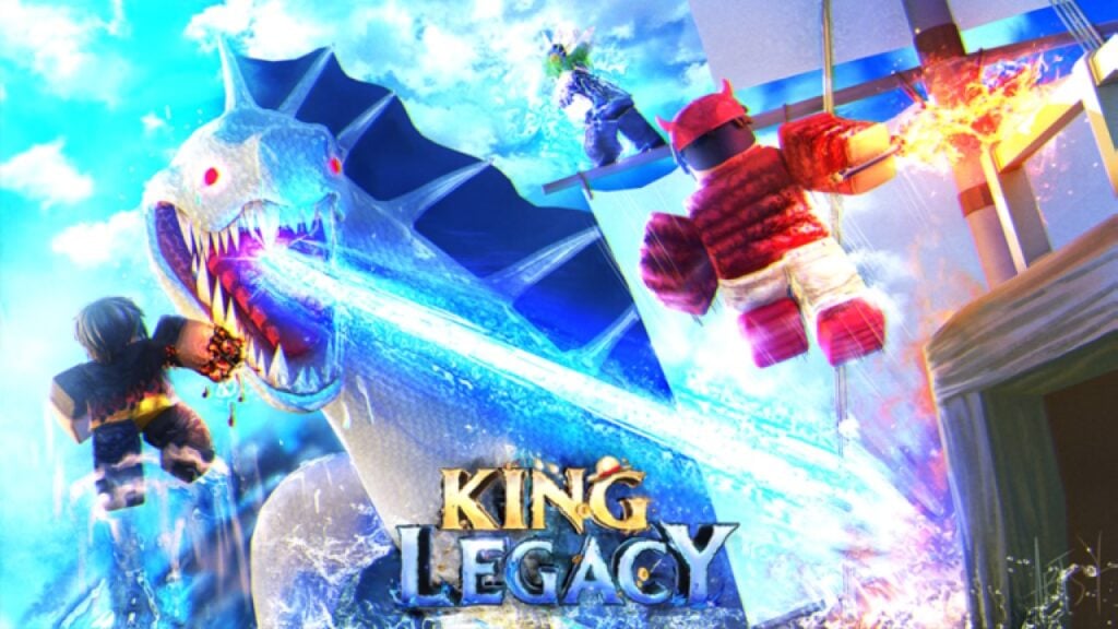 Three characters from the Roblox game King Legacy face off against a giant blue sea serpent. The serpent is launching a beam of blue energy from its mouth, damaging a ship on the right side of the image. The King Legacy logo is bottom-centre.