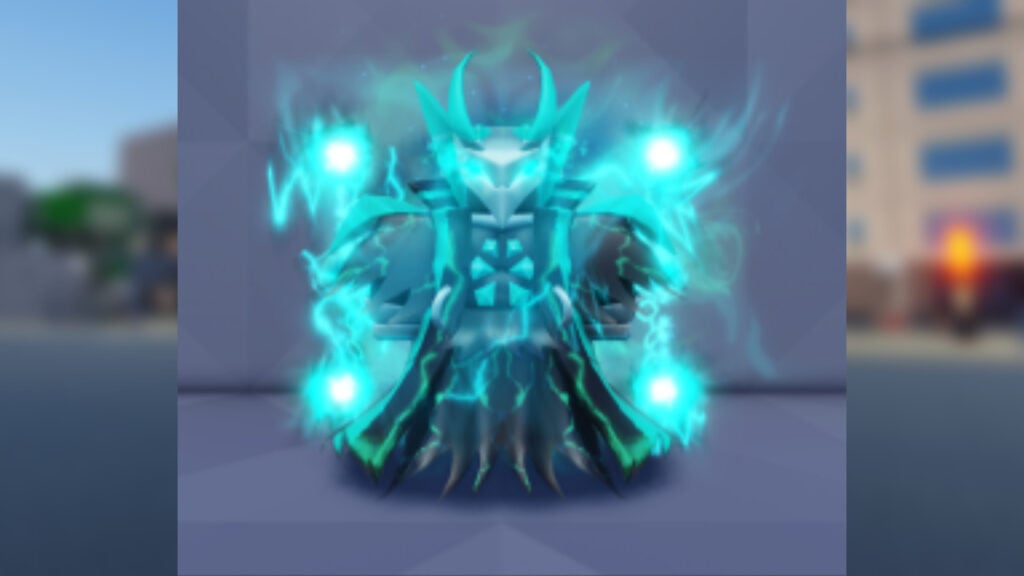 An image of the Mirage of Phantoms Stand Skin from the Roblox game YBA. IT's shown on a grey background. At the edges of the image, a blurred screenshot of YBA can be seen.