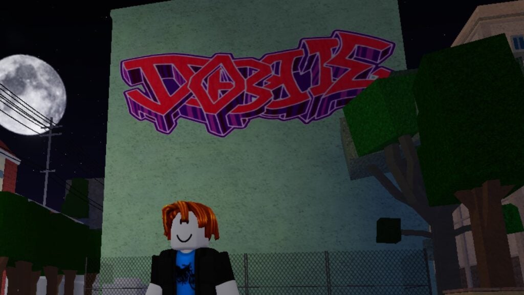 A character from Roblox game YBA stands in front of a graffitied building in an urban setting. On the right, a tree. On the left, the moon shines behind a power line. A fence lies between the character and the building.
