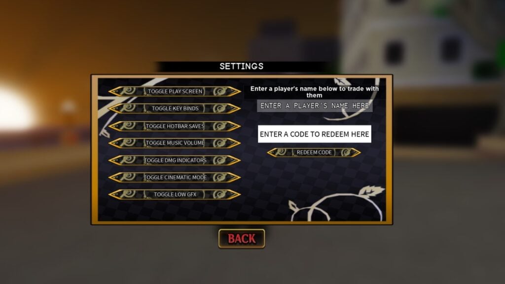 A screenshot of the settings menu in Roblox game YBA. On the left, a series of buttons that allow you to toggle different features of the game. On the right, boxes in which player usernames can be entered to trade, and codes can be entered to redeem.