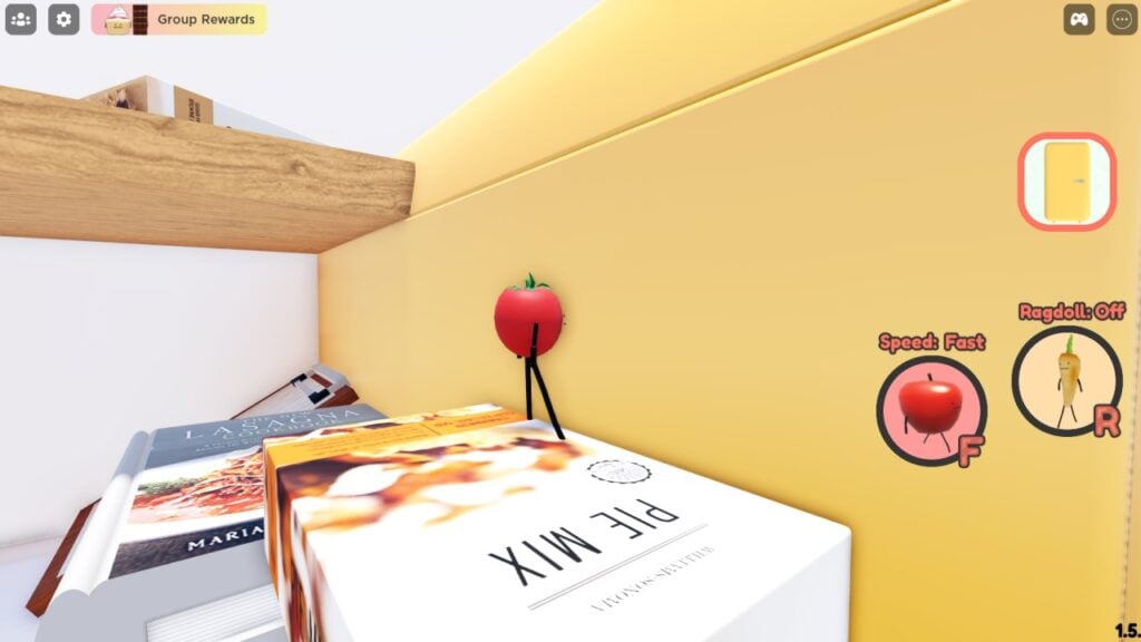 A Cherry Tomato stands on top of a box labelled 'Pie Mix' in the Roblox game Secret Staycation. The Tomato is facing the side of a fridge. In the background, further books and a shelf are visible.