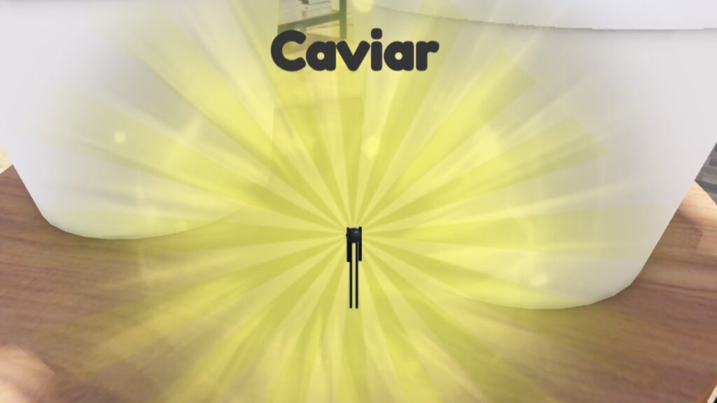 The Caviar character from Roblox game Secret Staycation, surrounded by a glowing aura. Above, the word 'Caviar' is written. In the background, two plant pots sit on a wooden table.