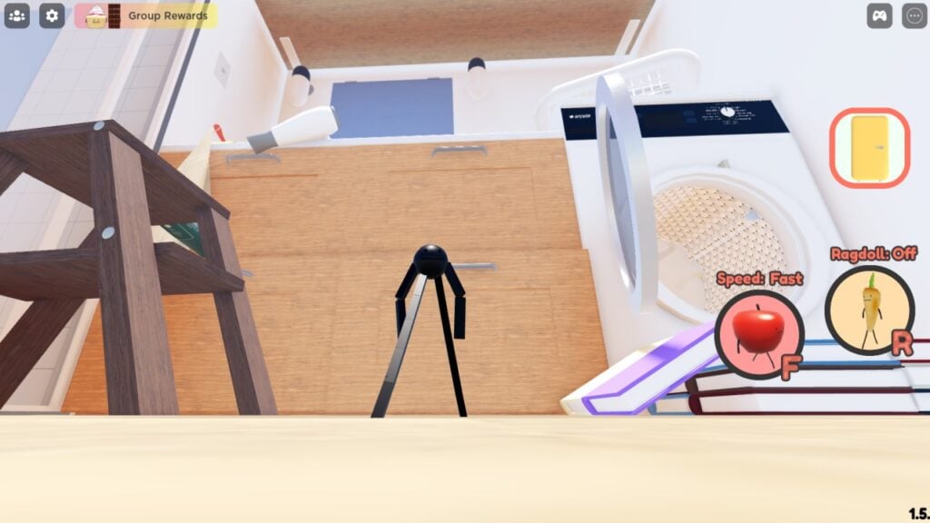 The Caviar character from Roblox game Secret Staycation stands in a bathroom. To the left there's a wooden stool, to the right a stack of books. In the background, a counter with four drawers sits next to an open washing machine. On top of the counter, a washing basket and hairdryer are visible.