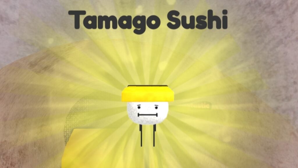 The Tamago Sushi character from Roblox game Secret Staycation, shown surrounded by a glowing yellow aura. The text 'Tamago Sushi' is present at the top of the screen. In the background, the inside of a drain pipe.