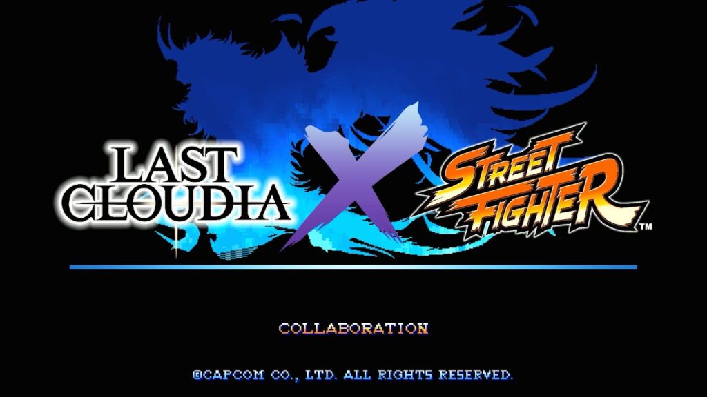 Featured Image for our news on Last Cloudia x Street Fighter. It features the logos of the two titles with a purple X in between. The backgorund is smeared with blue patches.