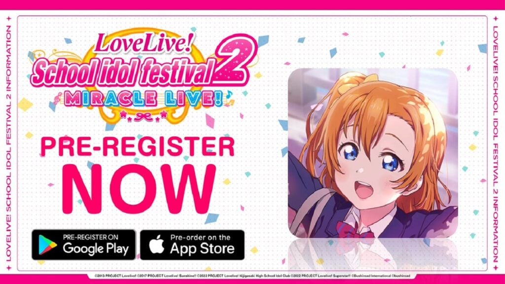 Featured Image on our news on Love Live! School Idol Festival 2. It features a big-sized text that says pre-register now. It also features the close-up image of a character from the game.