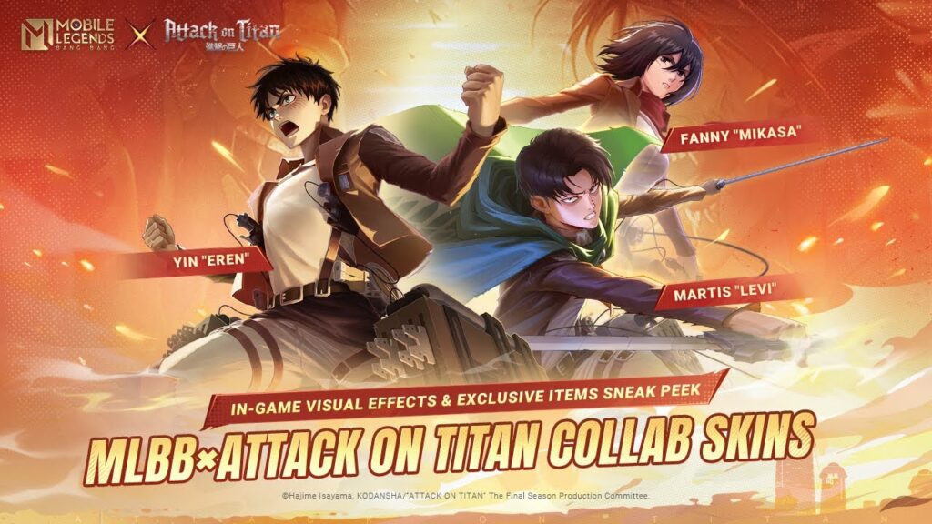 Featured Image for our news on Mobile Legends Bang Bang x Attack on Titan. It shows the three new heroes of the event Mikasa, Levi and Eren.