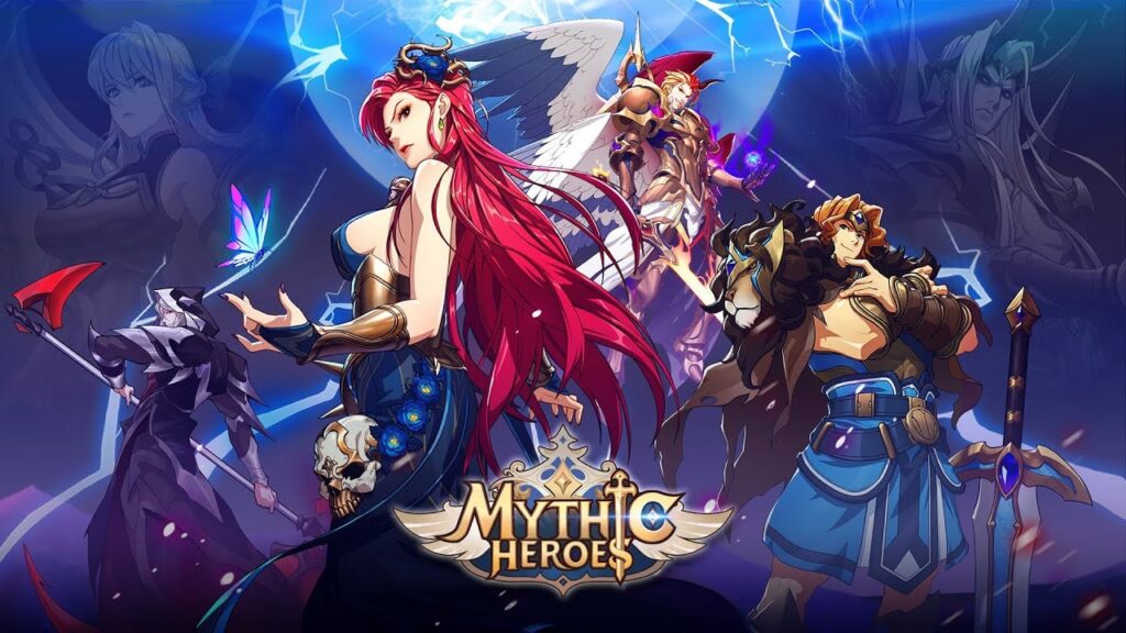 Key art from the mobile game Mythic Heroes. Several of the game's characters are posed in front of a ball of lightning in the background.