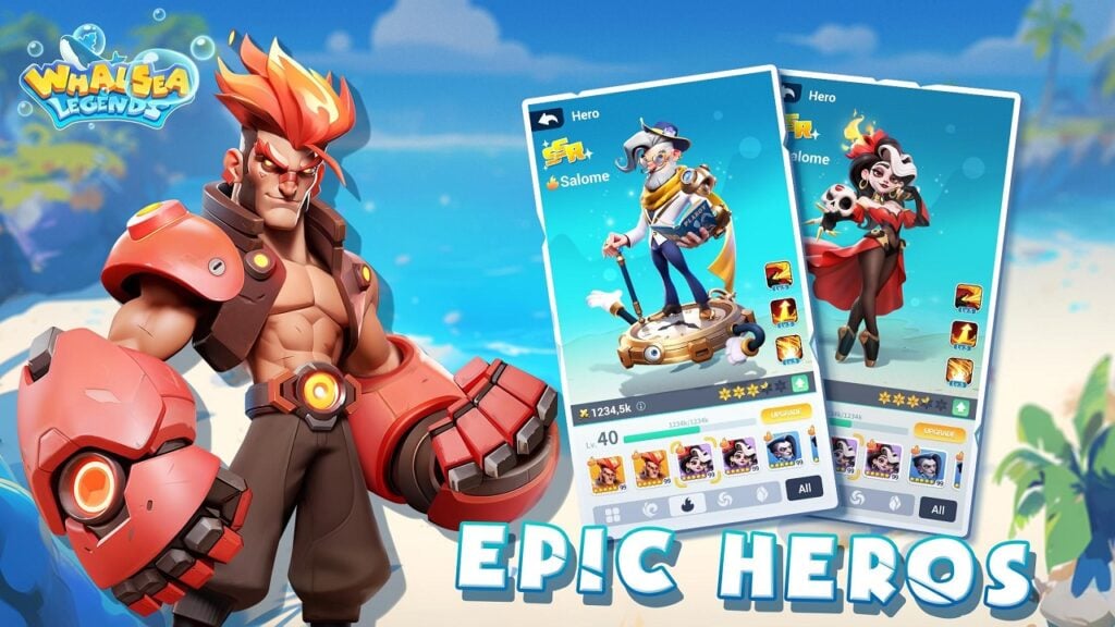 Featured Image for our news on Whalsea Legends. It features the main hero of the title and two cards to his right, each with two different characters and their attributes.