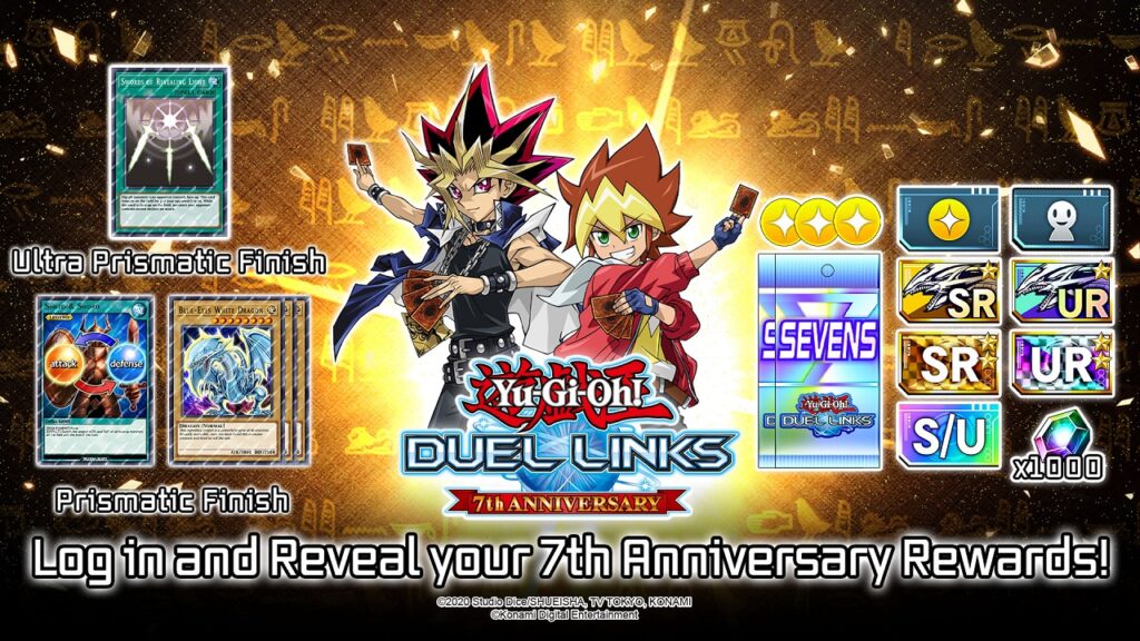 Featured Image for our news on Yu-Gi-Oh Duel Links 7th Anniversary. It features the two main characters holding cards and shows all the rewards of the event around them.