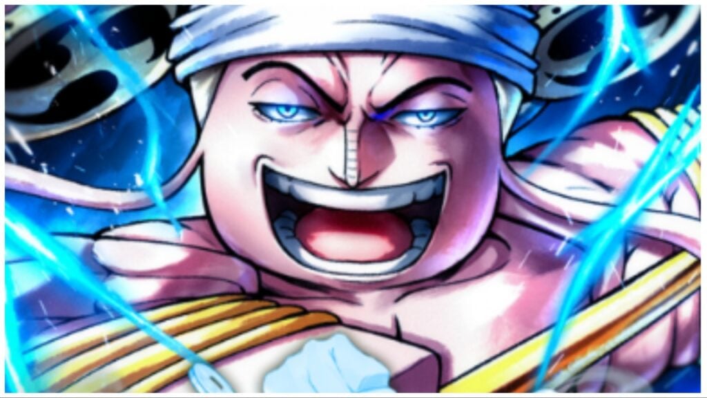 the image shows enel from one piece with a wide smile looking to the viewer. He is drawn in the blocky roblox style and has his blue lightning enshrouding his being