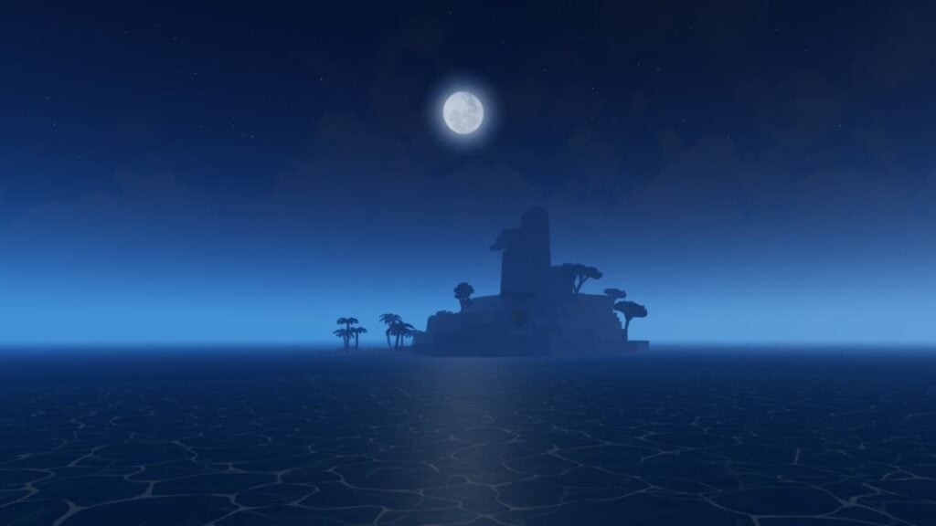 Feature image for our A One Piece Game swords guide. It shows an island at sea after dark with the moon overhead.
