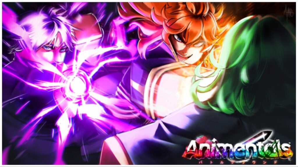 The image shows two characters locked in combat with colourful auras emitting from them both. They are drawn in the roblox style and are grinning