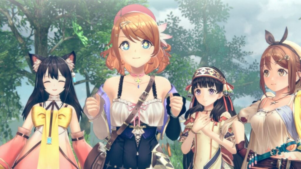 Feature image for our Atelier Resleriana codes guide. It shows an in-game screen for four female characters stood together against some trees, smiling.