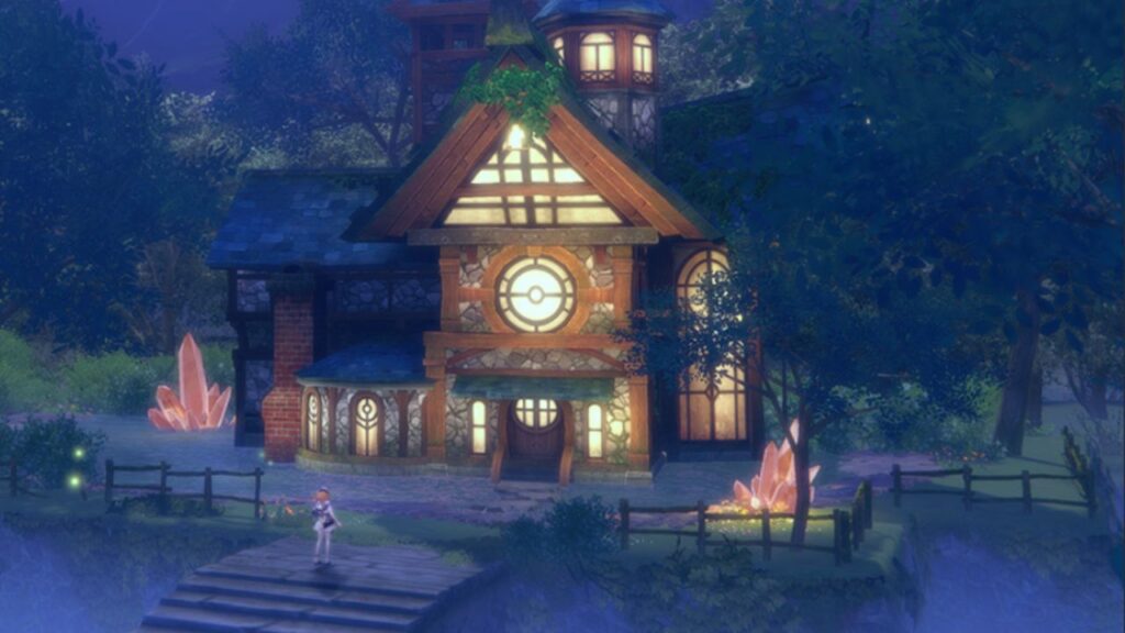 Feature image for our Atelier Resleriana Memoria tier list. It shows a character stood outside a quaint house surrounded by trees.
