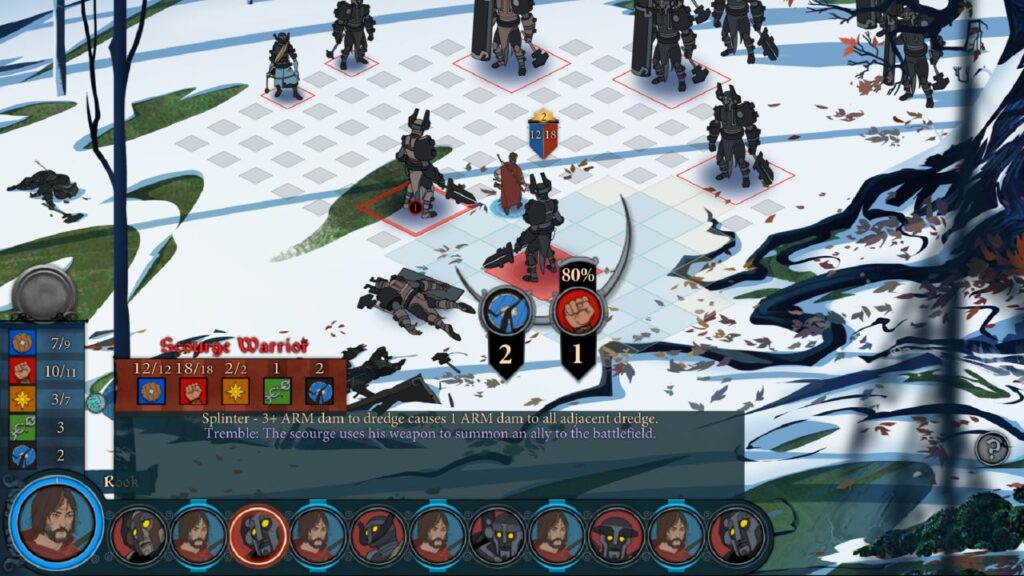Feature image for our feature on the best android turn-based strategy games. It shows a battle in Banner Saga 2, where warriors face some strange grey constructs on a snowy field.