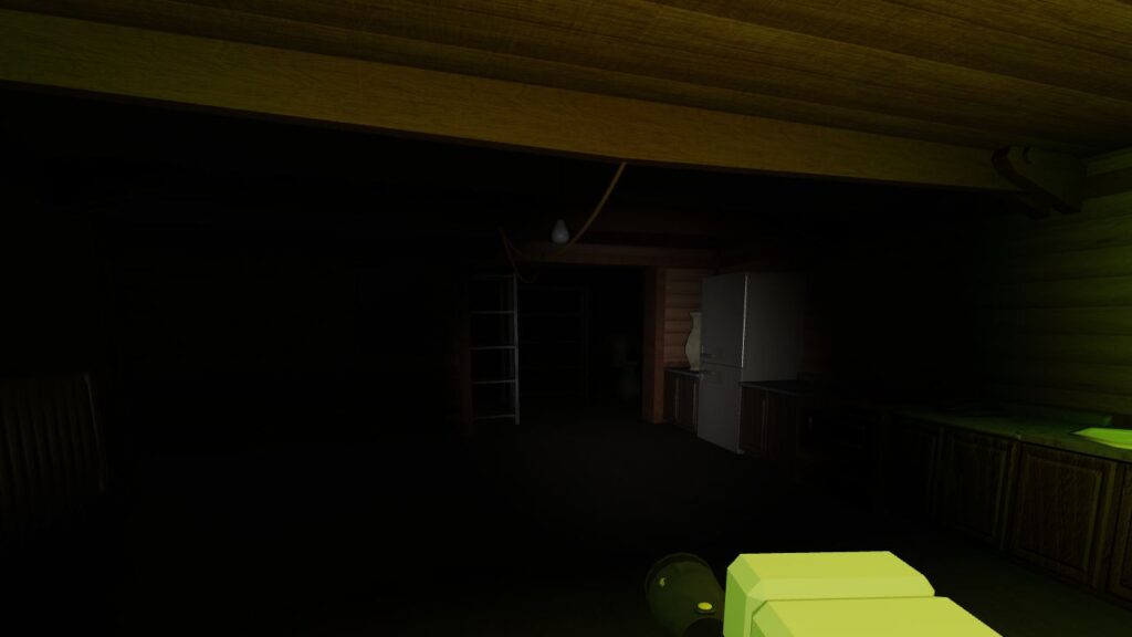 Feature image for our Blair Roblox codes guide. It shows an in-game screenshot of a player character looking through a gloomy kitchen, a clothes stand stands in the doorway menacingly.