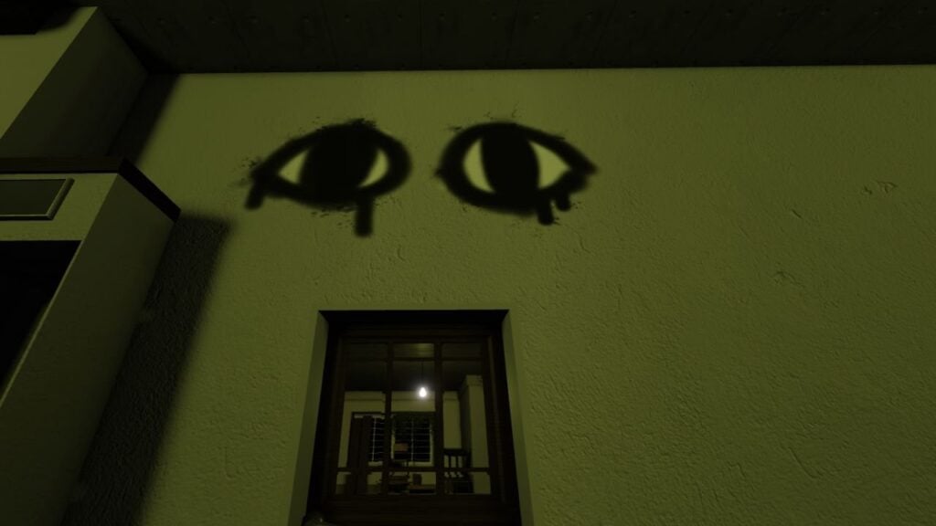 Feature image for our Blair Roblox ghost guide. It shows an in-game view of a wall, with eyes painted on.