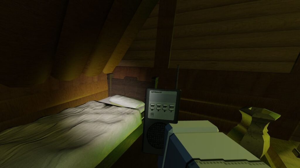 Feature image for out guide on how to use spirit box in Blair Roblox. It shows a player view in-game, holding a Spirit Box in a gloomy bedroom inside a wood cabin.