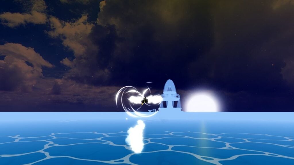 Feature image for our guide on which blox fruits codes reset stats. It shows a player character flying across the First Sea at night with the Smoke Bomber technique.