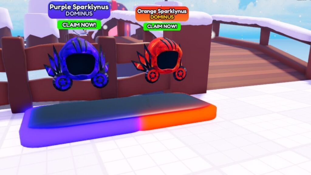 Feature image for our Click For UGC codes guide. It shows a screenshot of two Dominus items on a stand next to a bridge.