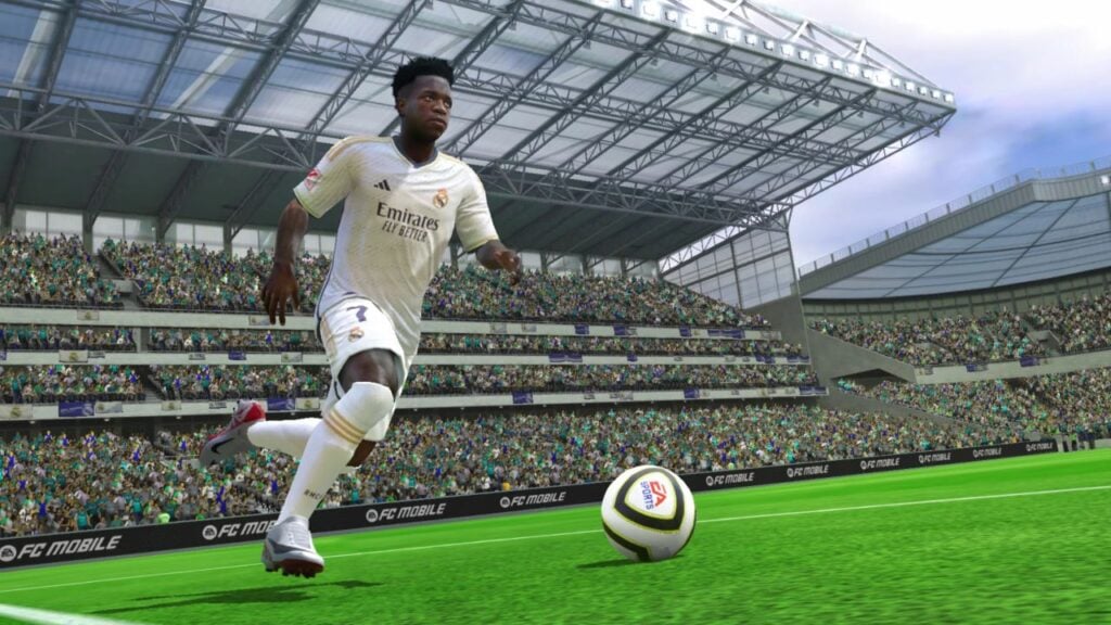 Feature image for our best Android sports games. It shows a screenshot from EA Sports Mobile footage, with a player in white about to kick the ball.