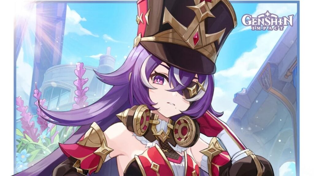 Feature image for our Genshin Impact Chevreuse weapon tier list. It shows promotional art of the character Chevreuse, a purple haired woman with an eyepatch in a tall hat.
