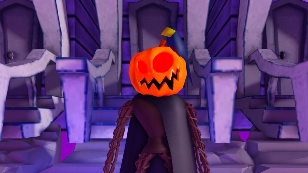 Feature image for our Ghost At The Door guide. It shows an in-game screen of a scary monster with a pumpkin head.