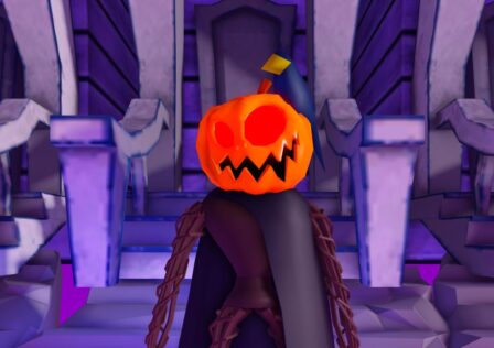 Feature image for our Ghost At The Door guide. It shows an in-game screen of a scary monster with a pumpkin head.
