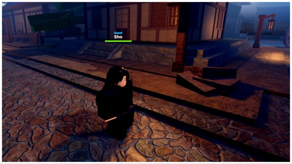 the image shows my avatar stood inside the jujutsu high academy surrounded by lantern-lit buildings