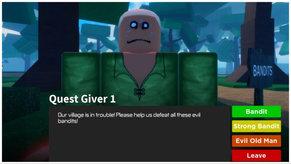 the image shows the first quest giver who looks rather nervous with an unsure expression and drawn on sweat beads around his face. He is telling the player about the bandit problem and gives them three different choices for which route to take